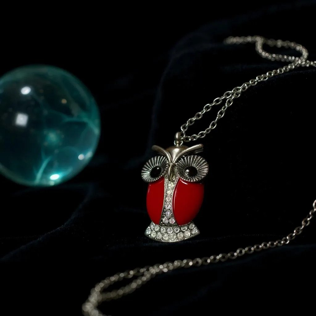 Red And Silver Owl Pendant With Clear Crystal Stud Long Necklace Chain